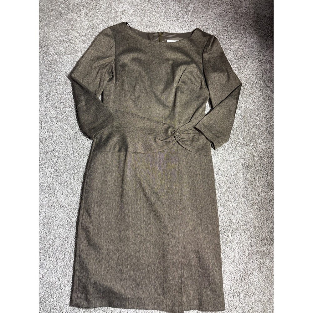 Liz Claiborne Brown Herringbone Sheath Dress Knot Waist 3/4 Sleeve Size 4
